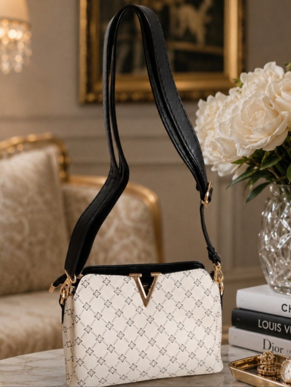 Chic Cream Black Crossbody Bag Structured Design Multiple Compartments NWOT